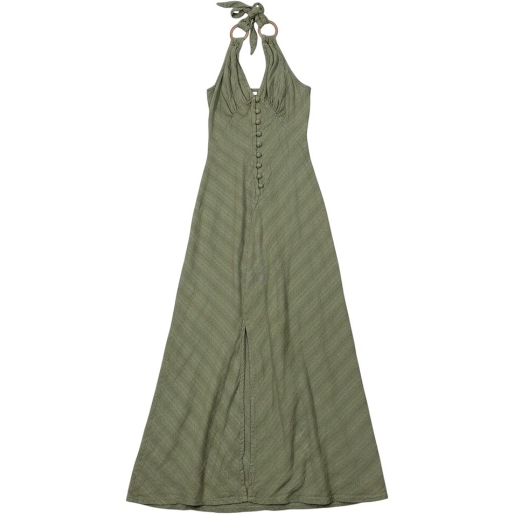 ASOS Halter Maxi Dress Womens Size 2 Green Boho Wood Detail Slit 08273004